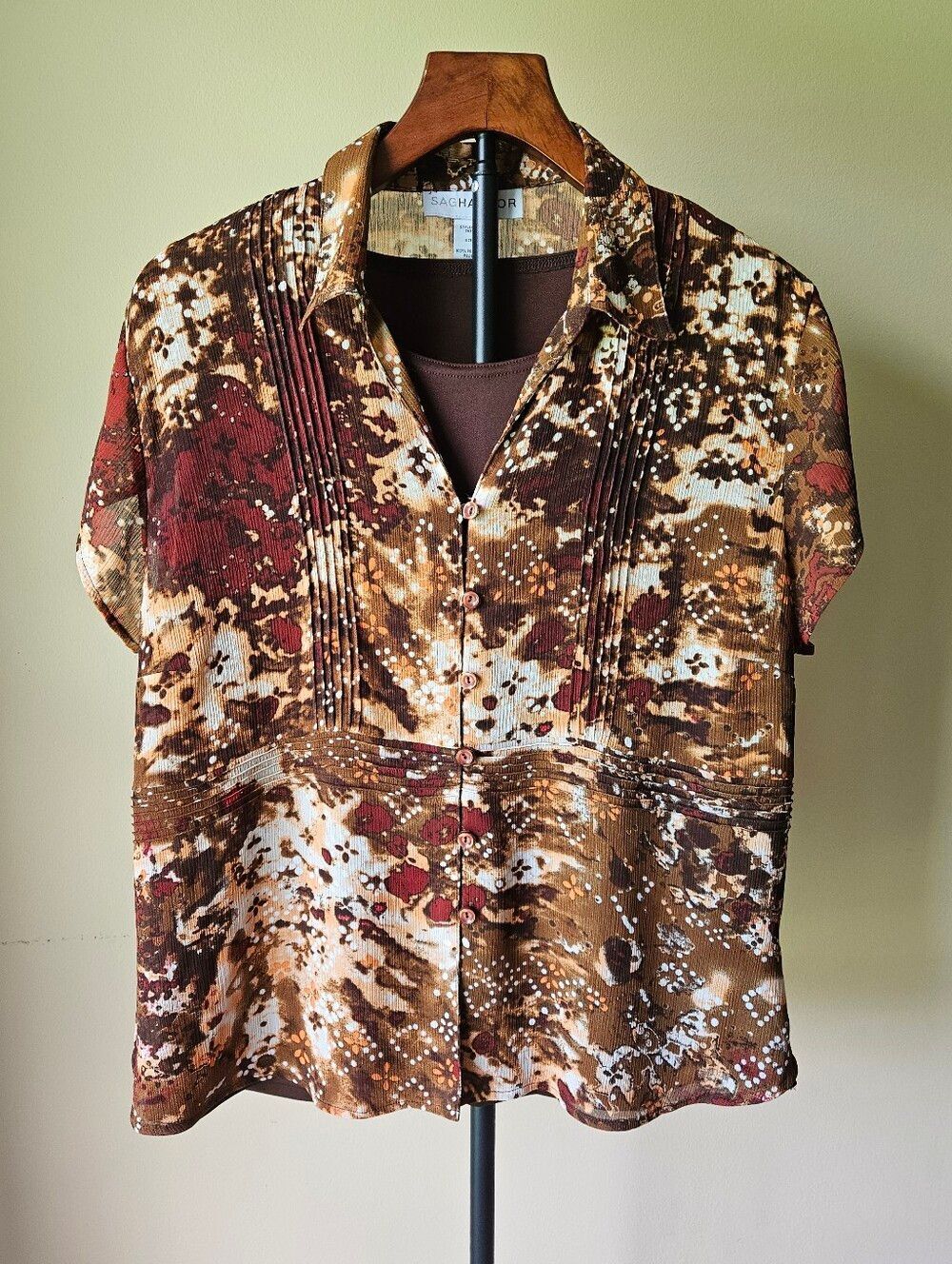 SAG HARBOR Brown Multi Short Sleeve Button Front Layered Blouse Size 16